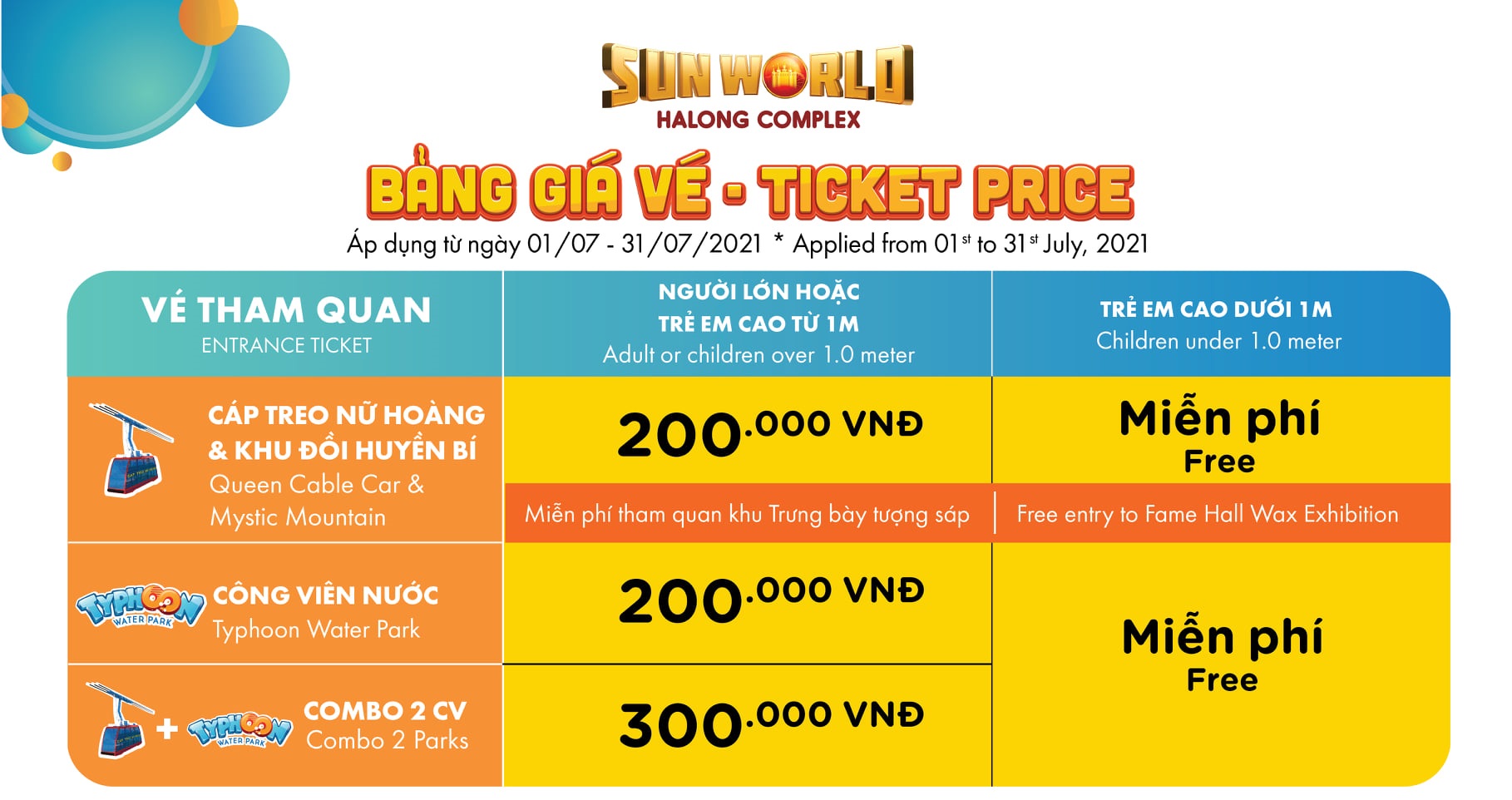 Bẳng giá vé Sun World Hạ Long từ 01/07/2021