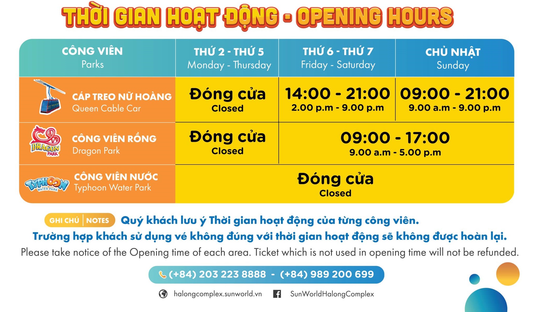 Bảng thông tin hoạt động của Sun World Hạ Long từ 20/12/2020