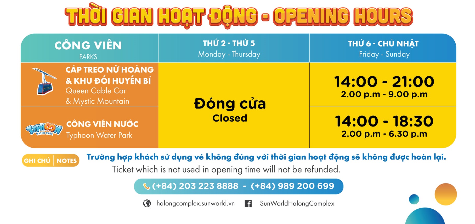 Bẳng thời gian hoạt động Sun World Hạ Long từ 01/07/2021
